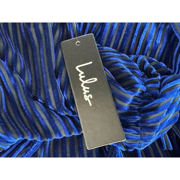 Lulus Live It Up Royal Blue Striped‎ Velvet Long Sleeve Dress Women L NWT V-neck - Picture 12 of 14